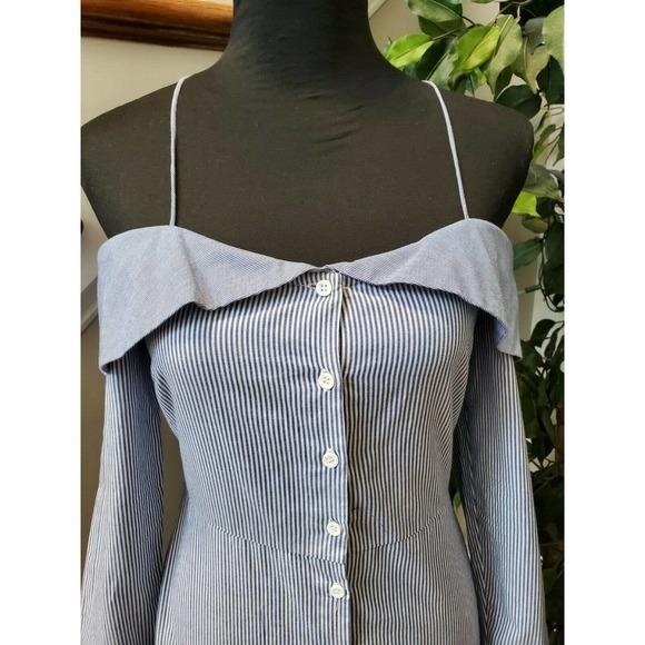 Top Shop Women Blue Striped Cotton & Polyester Trendy Style Button Shirt Size 2 - Picture 5 of 11